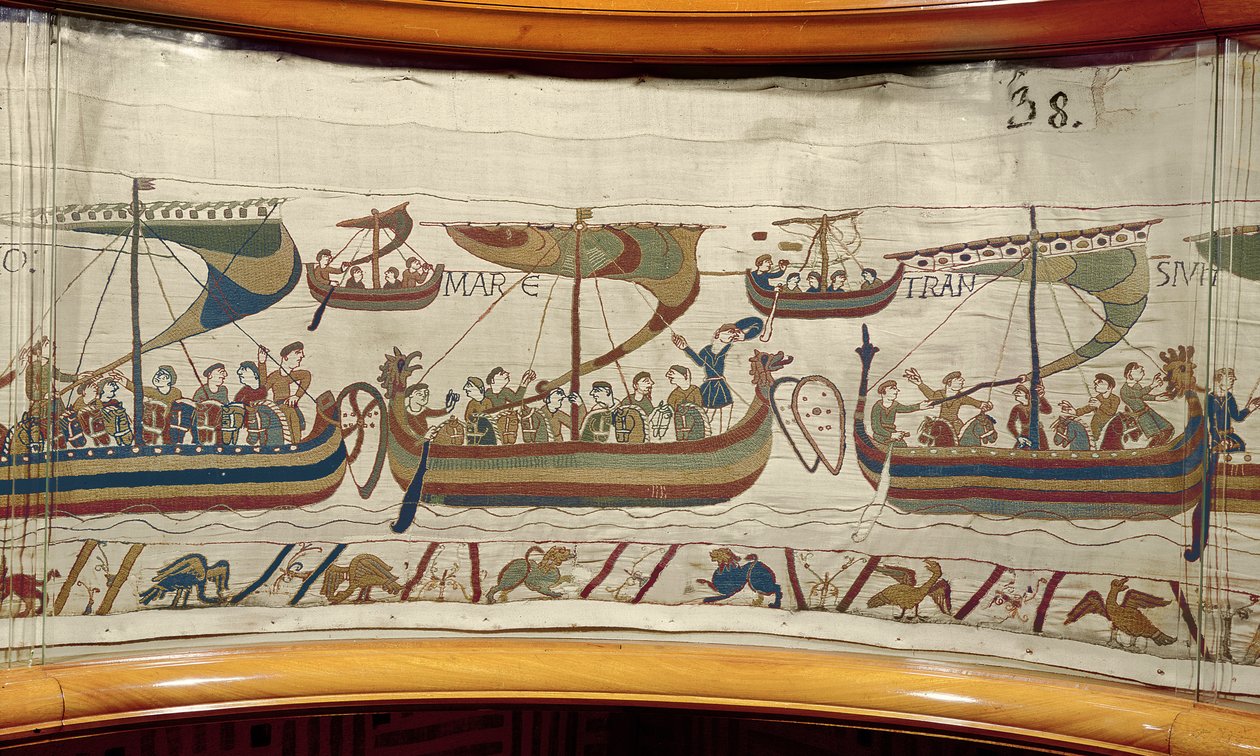 Normanská invazní flotila překračuje kanál, Bayeux Tapestry (vlněná výšivka na plátně) od Unknown artist