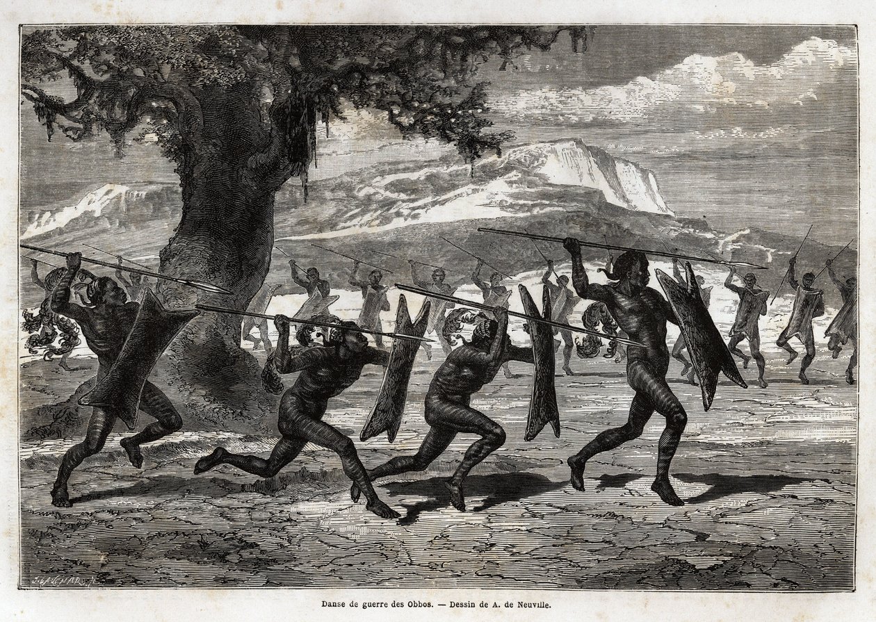 Obbos (kmen Ugandy) předvádějící válečný tanec. Rytina pro ilustraci cesty k jezeru Albert v letech 1861-1864 od Sira Samuela White Bakera v „Le tour du monde, nouveau journal des voyages““ vydaném pod vedením Edouarda Chartona od Unknown artist