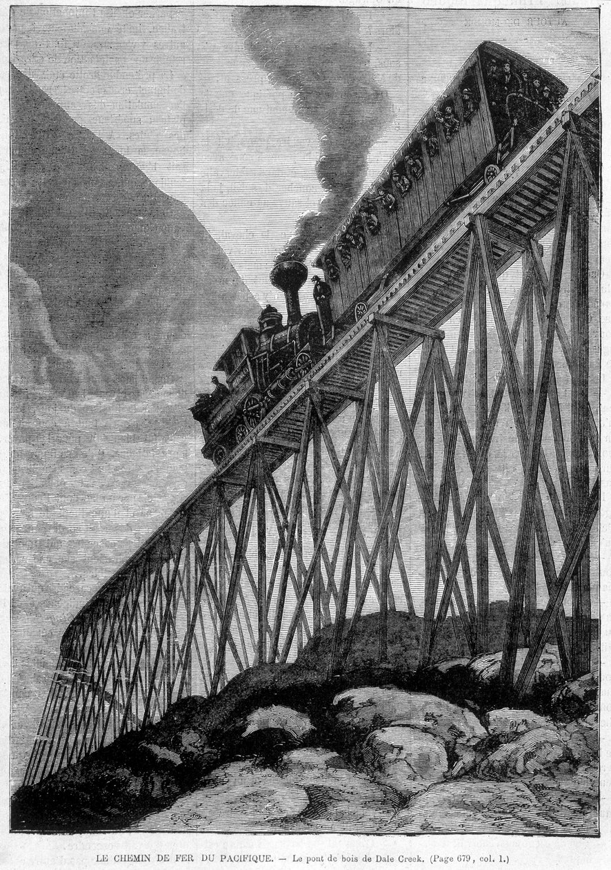 The Pacific Railway on the Dale Creek Wood Bridge - rytina, konec 19. století od Unknown artist