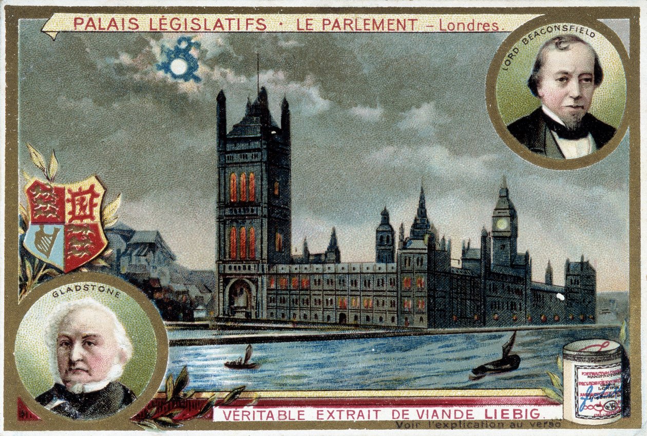 Westminsterský palác neboli parlament Londýna (Anglie) s portréty Williama Ewarta Gladstonea (1809-1898) a Benjamina Disraeliho, Lord Beaconsfield (1804-1881) - Liebigova chromolitografie od Unknown artist