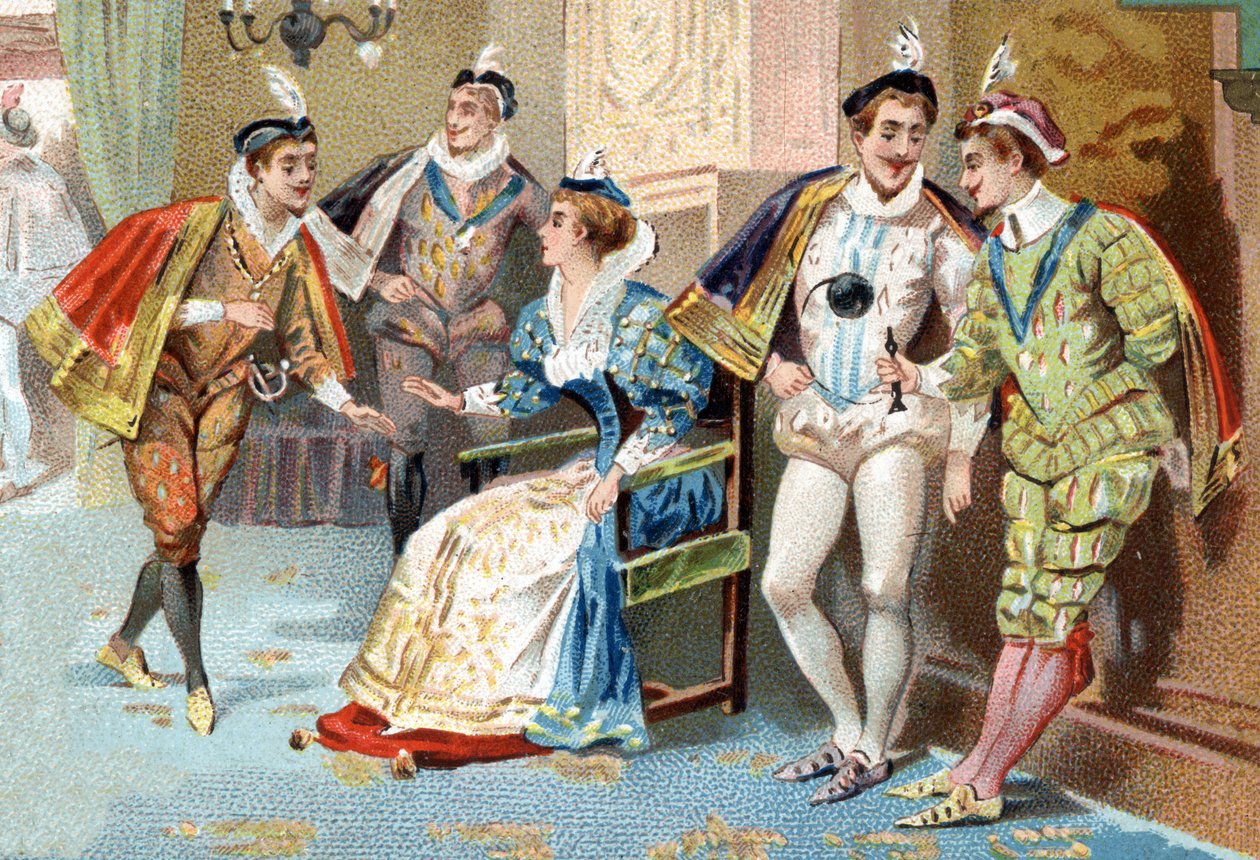 Palais du Louvre za vlády Jindřicha III. (16. století): mladí muži z Králova dvora. Chromolitografie konce 19. století. od Unknown artist