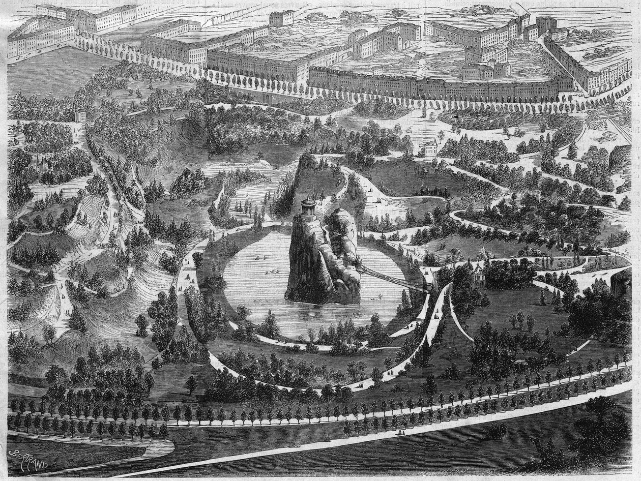 Parc des Buttes Chaumont (Buttes-Chaumont), veřejná zahrada v 19. pařížském obvodu postavená z iniciativy Napoleona III., vytvořená baronem Haussmannem (Georges Eugene Haussmann od Unknown artist