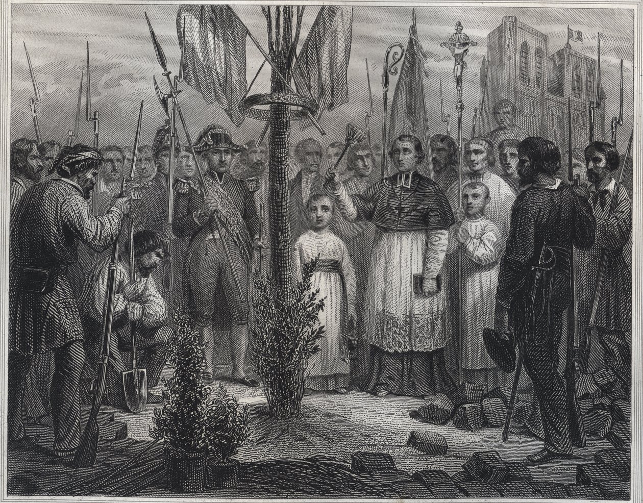 Plantáž stromu svobody během revoluce (Liberty pole) - Plantáž stromu svobody (topol) ve Francii během Francouzské revoluce - rytina v „Les Fastes Populaires, ou Histoire des actes heroiques du peuple et de son influence od Unknown artist
