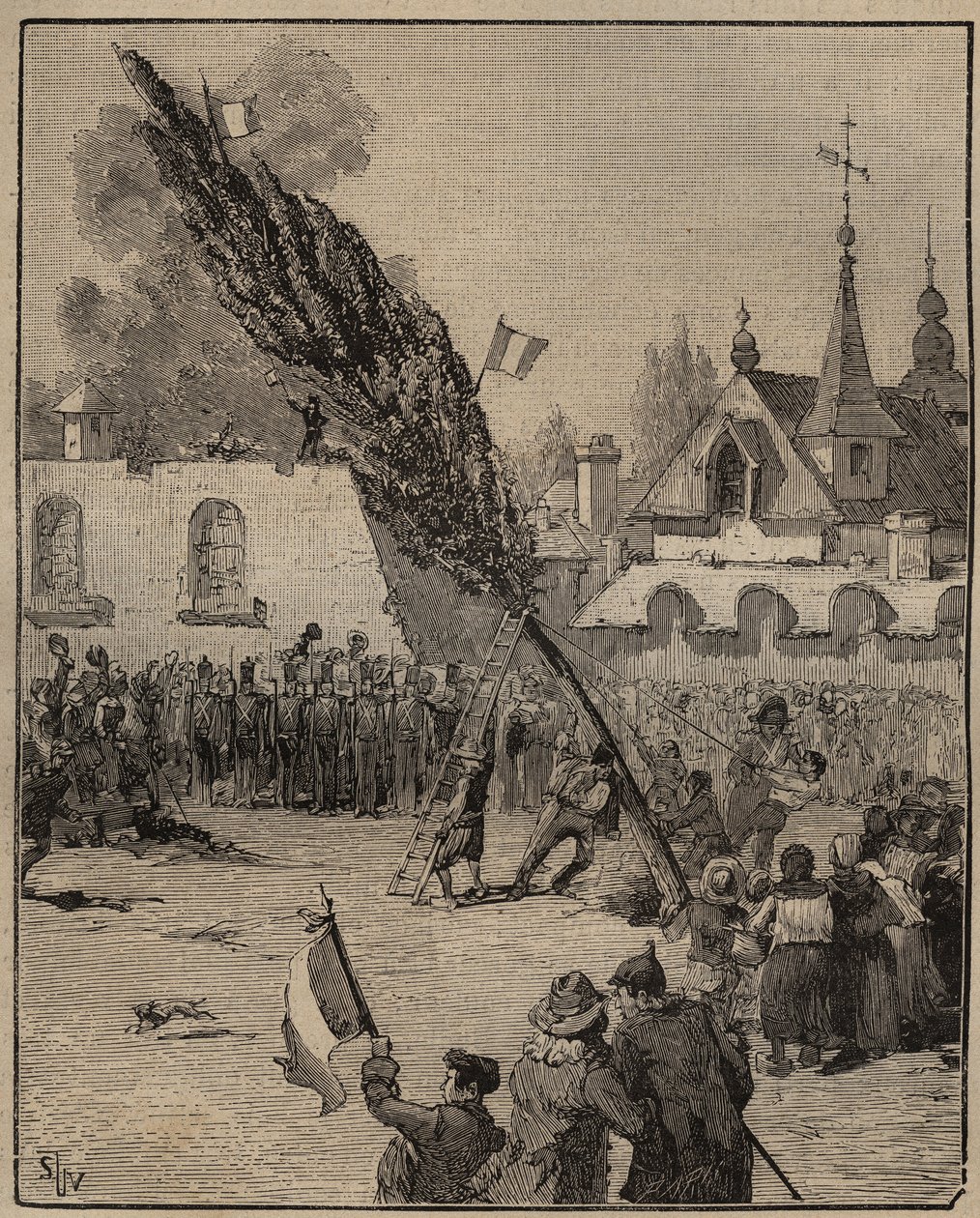 Plantáž stromu svobody během revoluce (Liberty pole) - Plantáž stromu svobody (topol) ve Francii. Rytina z roku 1885 v „“Les arts et metiers illustres““ od Adolphe BITARDA. od Unknown artist