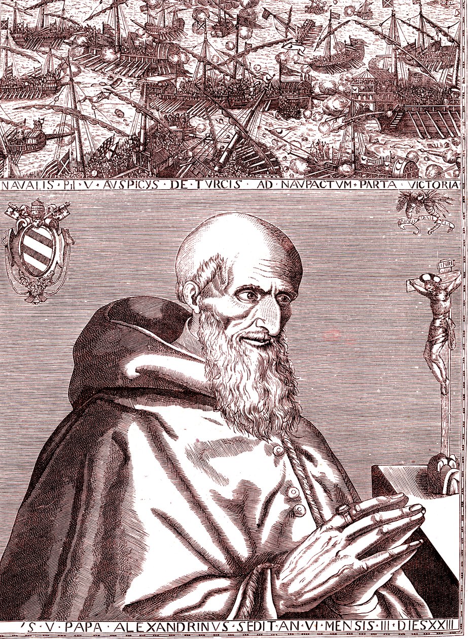 Papež Pius V. uzavřel spojenectví se španělskou flotilou a benátskou italskou flotilou proti turecké bitvě u Lepante v říjnu 1571 od Unknown artist