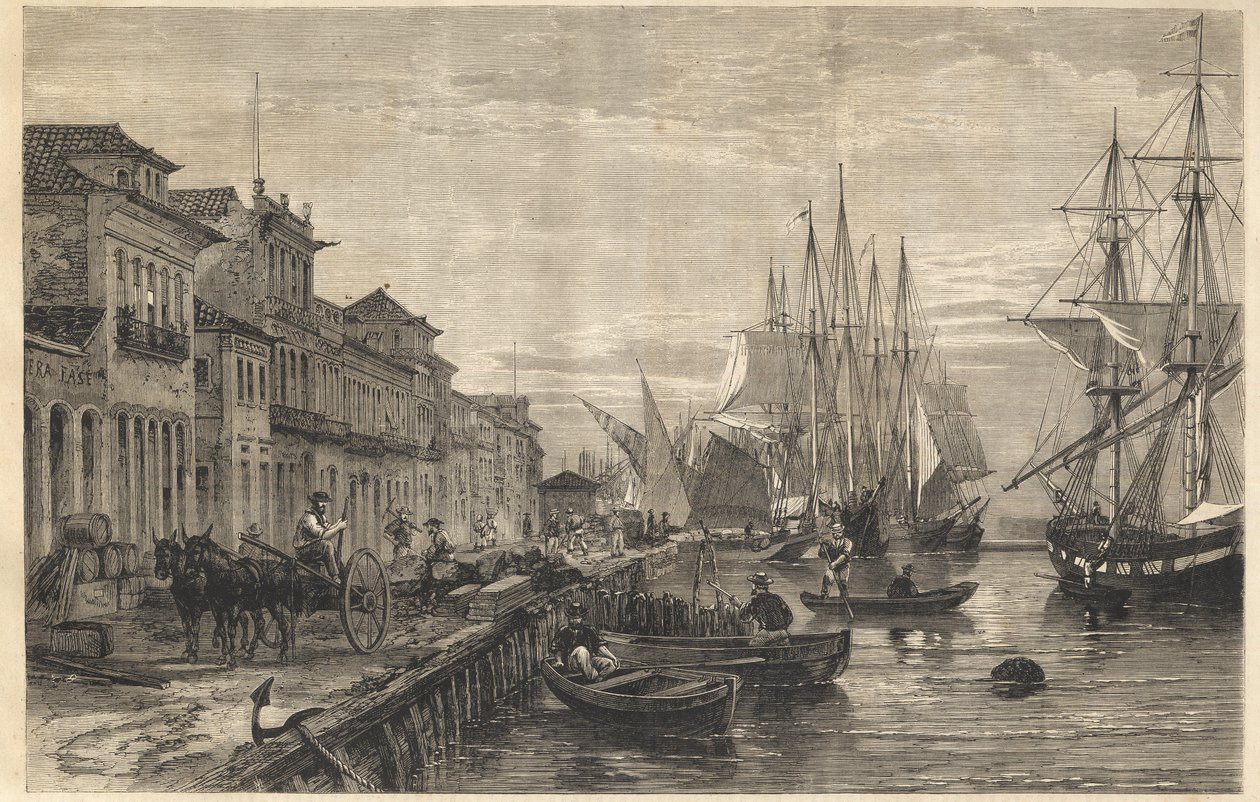 Nábřeží Boa Vista, v San Pedro de Rio Grande do Sul, námořní přístav Brazílie - Le quai de Belle-Vue, San Pedro de Rio Grande (Brazílie) - Kapitán Sao Pedro do Rio Grande do Sul - rytina z “ "Illustrous Universe"" 1866 od Unknown artist