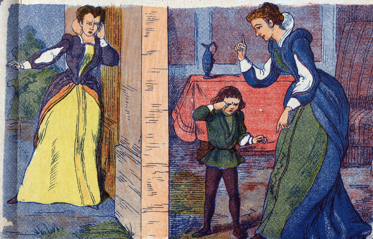 Královna matka zjistí odchod královny a jejích dětí do důchodu. Anonymní ilustrace k „La belle au bois dormant“, příběh Charlese Perraulta (1628-1703), francouzského spisovatele. Snímky Marcel Vagne, Jarville Nancy, nedatováno (konec 19. století). od Unknown artist