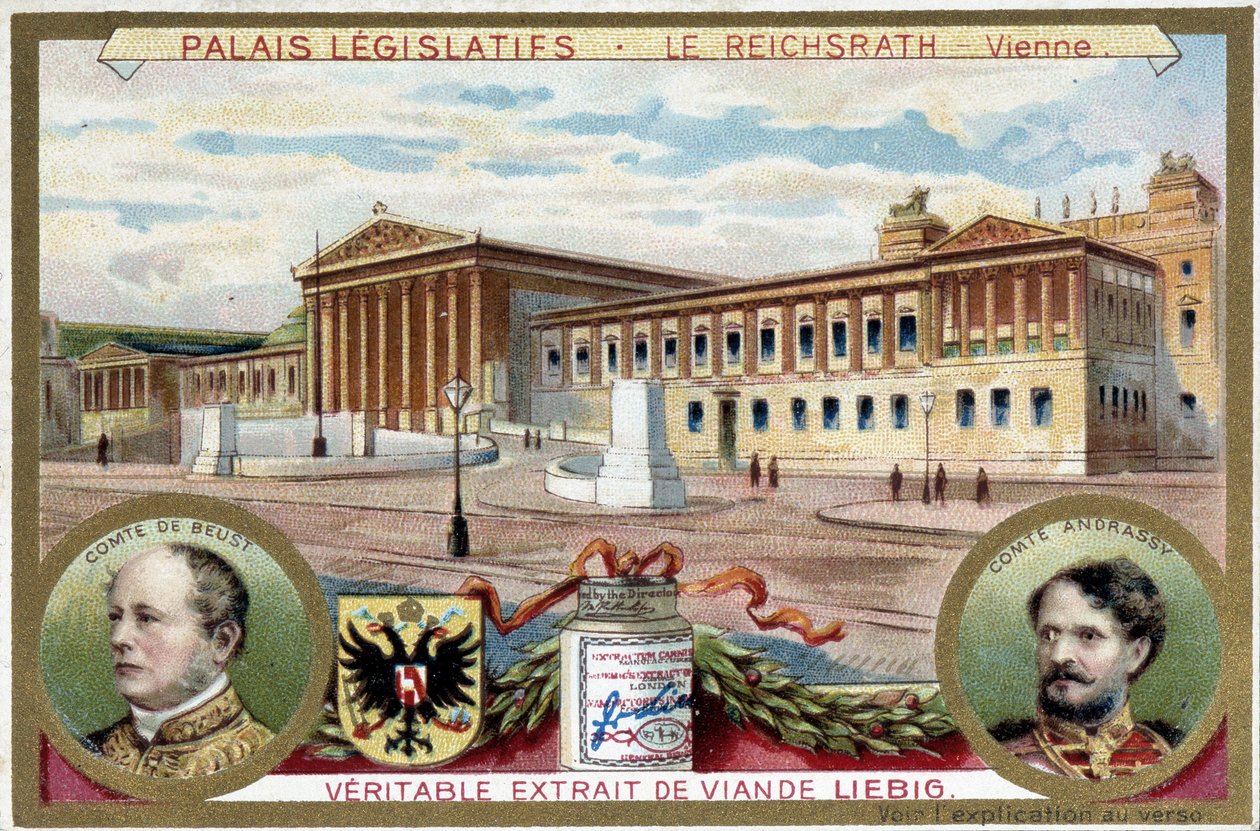 Zámek Reichsrath, Vídeň (Rakousko), s portréty hraběte Friedricha Ferdinanda de Beust (1809-1886) a hraběte Gyuly Andrassy (1823-1890) - Liebigova chromolitografie od Unknown artist