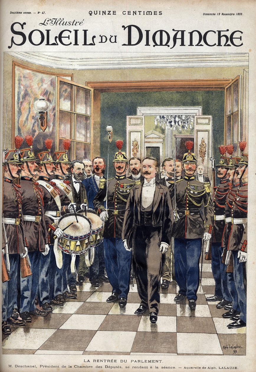 Rentree parlamentu; Pan Paul Deschanel (1855-1922), předseda Poslanecké sněmovny přítomný na zasedání. Rytina v „“Le sun-du-dimanche“, 19. listopadu od Unknown artist