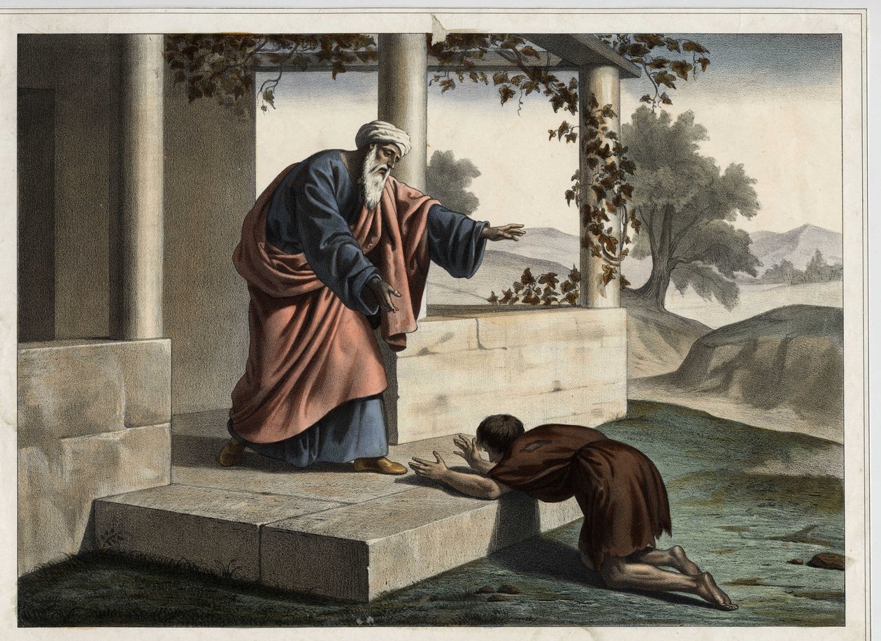 Návrat marnotratného syna - Podobenství o marnotratném synovi: návrat marnotratného dítěte k otci. Anonymní rytina z poloviny 19. století. od Unknown artist