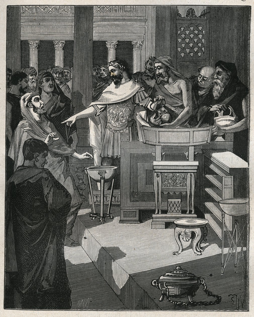 Římský císař Caligula (12-41) v brocanteru v římské Galii. Rytina z roku 1885 v „“Les arts et metiers illustres““ od Adolphe BITARDA. od Unknown artist