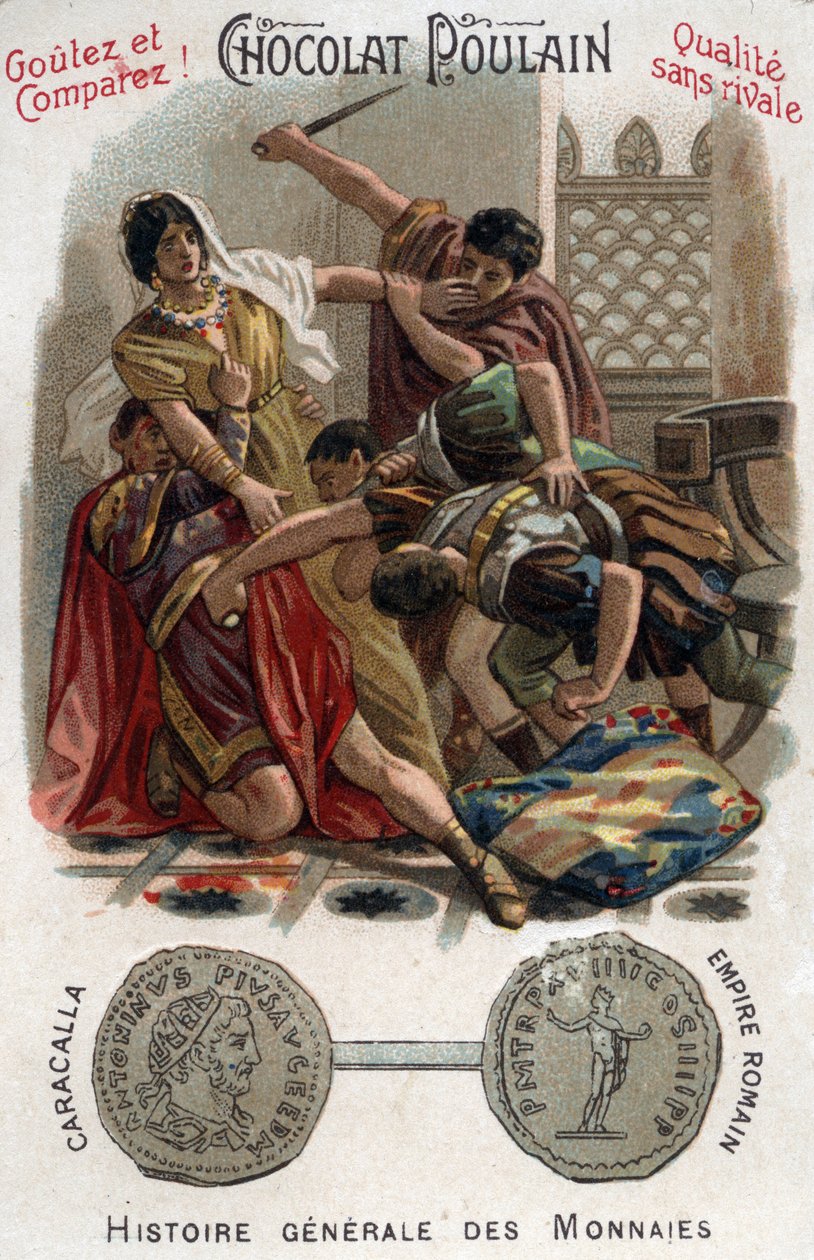 Římský císař Caracalla (188-217) zavraždil svého bratra Getu v náručí své matky. In Obecná historie mincí. Čokoládovo-hříběcí chromolitografie konce 19. století. Soukromá sbírka. od Unknown artist