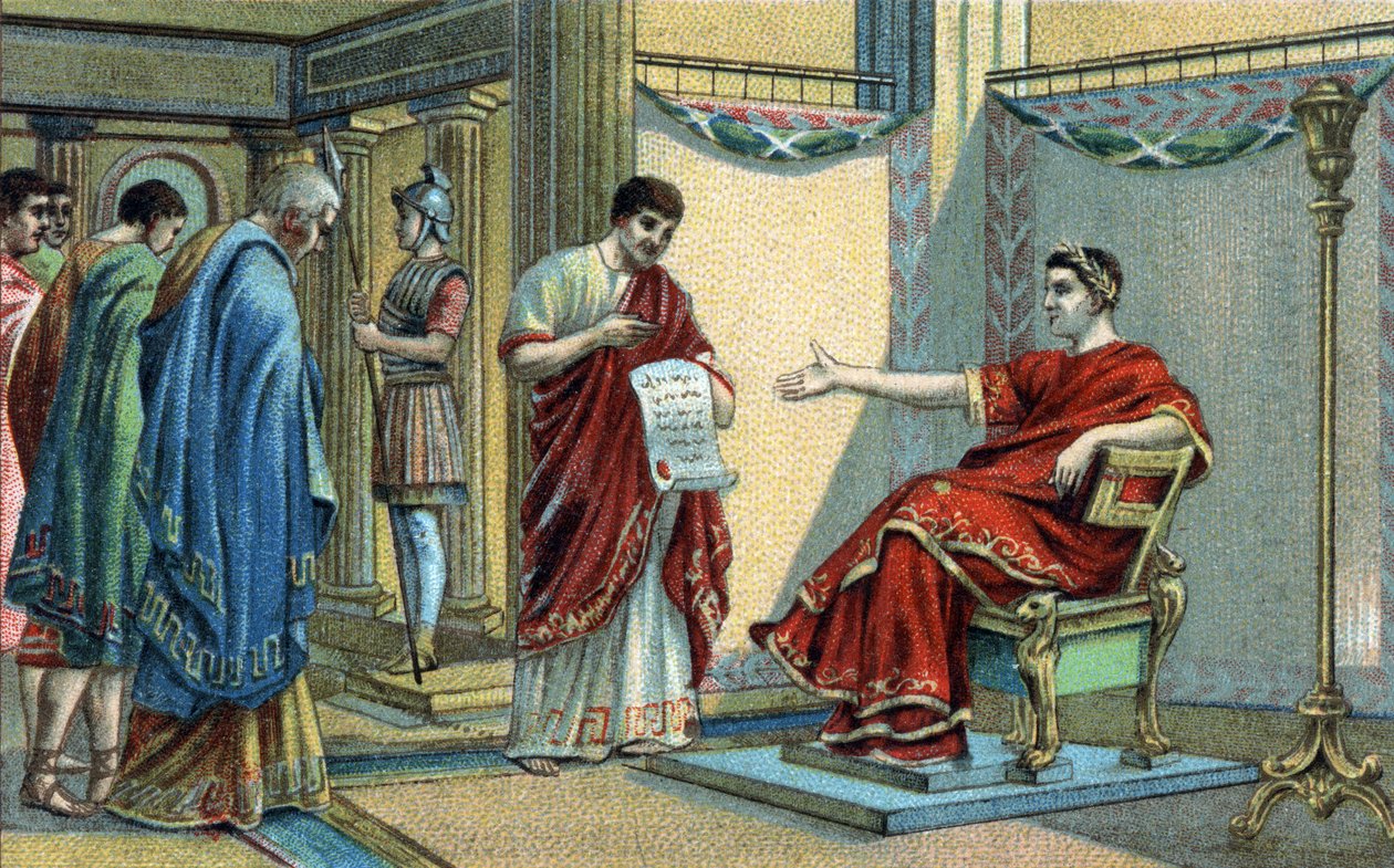 Římský císař Konstantin (272-337) zavedl první náboženské zákony týkající se rovnosti víry. Chromolitografie konce 19. století. od Unknown artist