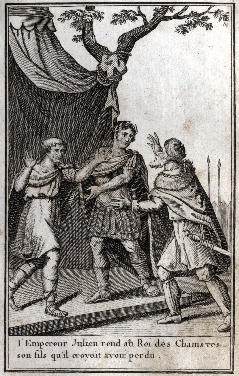 Římský císař Julian (Flavius Claudius Julianus, Julian Apostata, Julian the Philosopher, Julian II) (332-363) vrací králi germánského lidu Chamaves svého syna, o kterém si myslel, že ho ztratil. 4. století. Rytina „Beaute de l od Unknown artist
