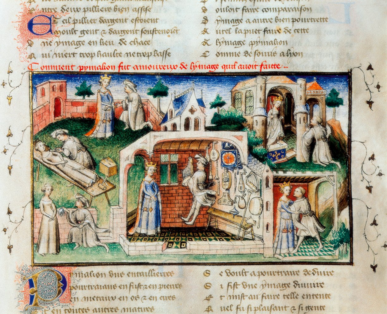 "" Říman z růže "": "" Jak se Pygmalion zamiloval do sochy, kterou vytvořil "". Miniatura ze 14. století. Knihovna univerzity ve Valencii. od Unknown artist