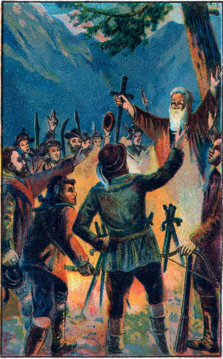 Rutlischwur (Rutliho přísaha) - legendární přísaha Staré švýcarské konfederace - Tři švýcarští konfederanti přísahají věrnost Ruetli - Le Oath du Grutli (Rutlischwur) (Patto del Grutli) zakládající mýtus Švýcarska v roce 1307 Chromolitografie konce od Unknown artist