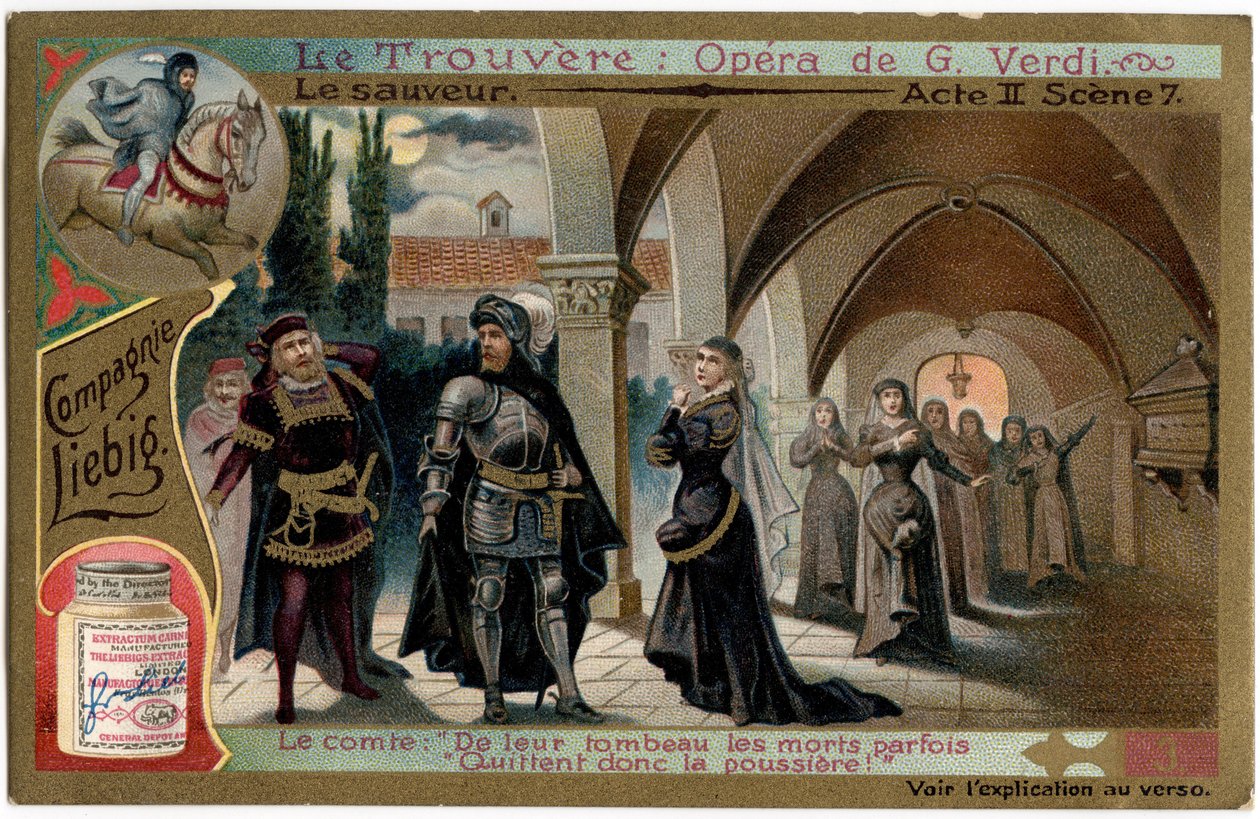 Scéna The Save Act II 7. Ilustrace k opeře „“ The find““ (Trovator) od Giuseppe Verdiho (1813-1901). Chromolitografie (Chromo) Liebig z konce 19. století. od Unknown artist