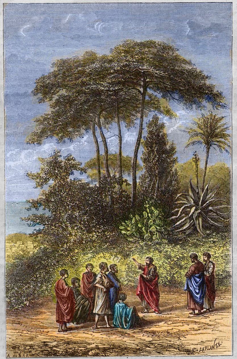 The School of Pythagoras - Pythagoras mezi jeho žáky v Crotone - rytina 1879 - Filozof Pythagoras a jeho žáci ve stínu Crotone, rytina 1879 od Unknown artist