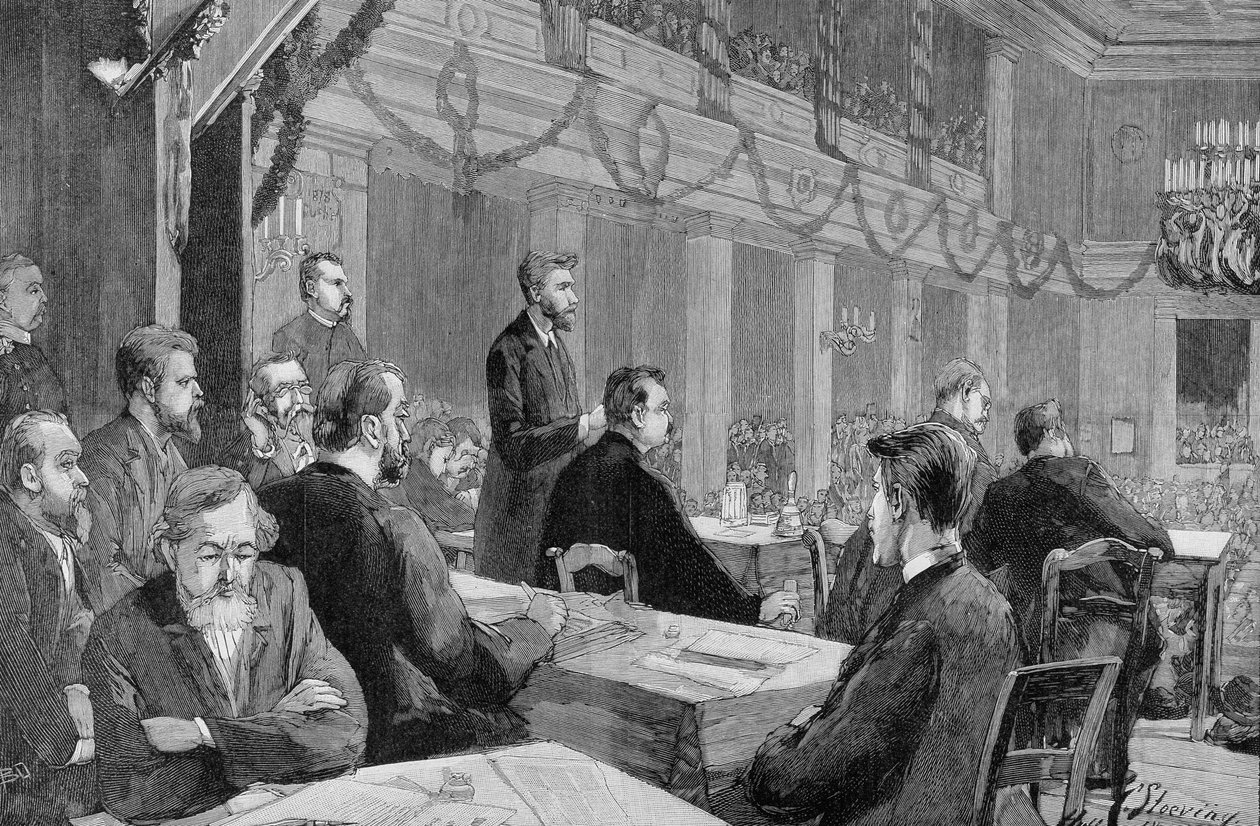 Socialistický sjezd v Halle (Sasko) v roce 1890 za přítomnosti Augusta Bebela, rytina z roku 1890. od Unknown artist