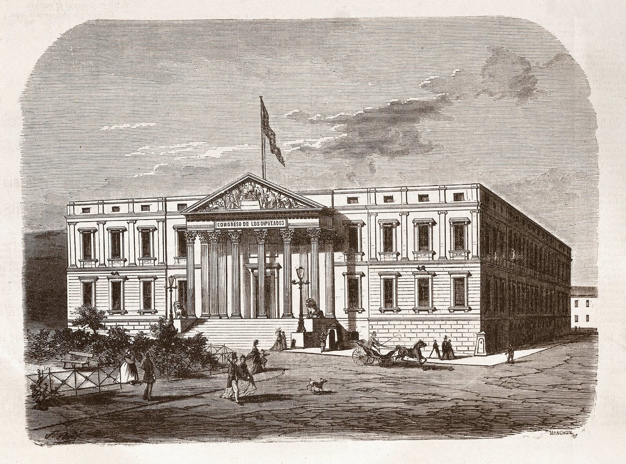 Španělský parlament (Poslanecký sněm), Madrid. Rytina 19. století. od Unknown artist