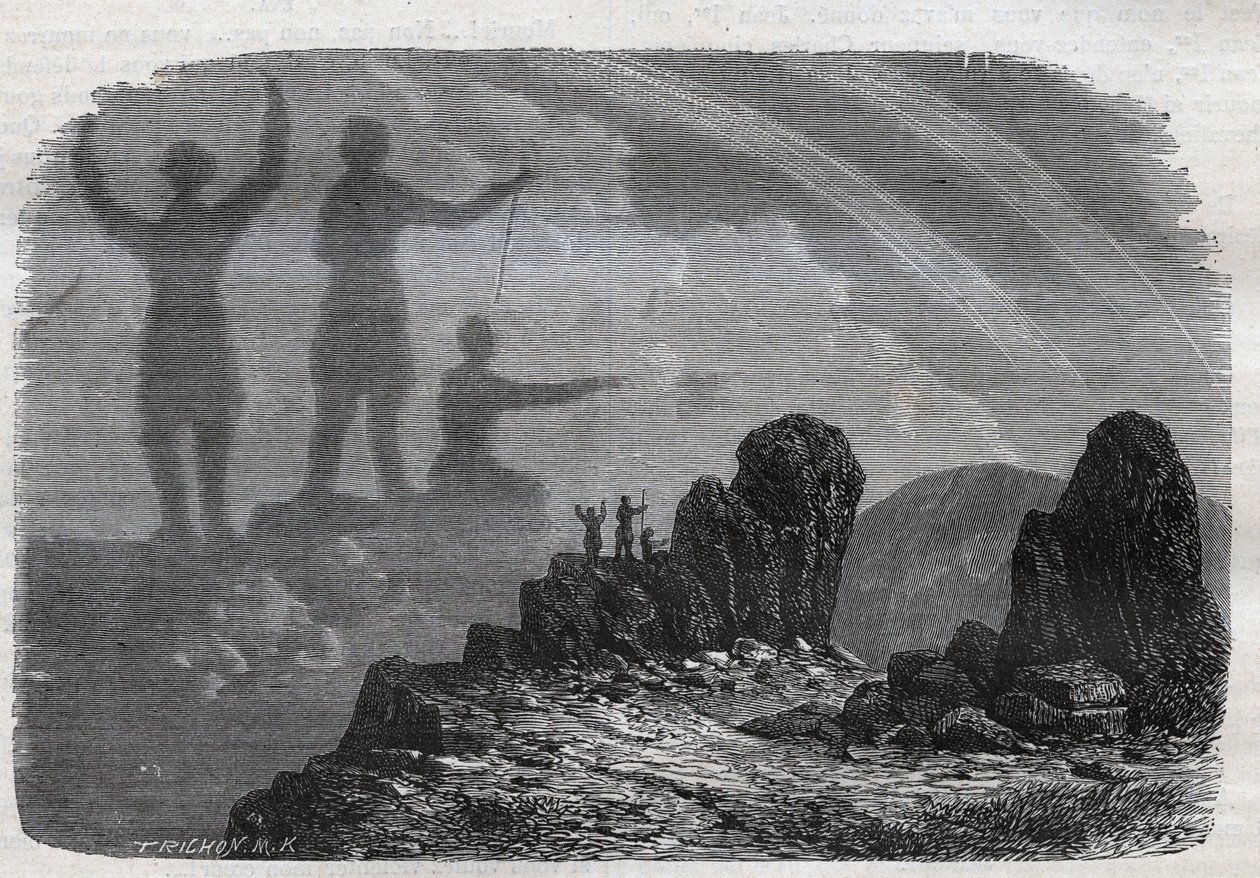 The Spectre of the Brocken in the Harz Mountains - Brocken Spectre nebo Brocken Spectre - rytina z roku 1877 od Unknown artist
