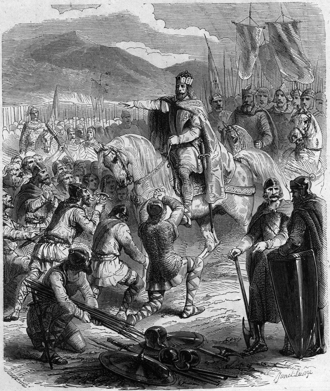 Poddání Sasů v roce 785 - Historie Galie ve středověku: Sasové z Germánie klečící před králem Karlem Velikým (742 - 814), vítězem válek - Rytina v „Histoire De France En Hundred Paintings od Paula Lehugeura“ 1891 od Unknown artist