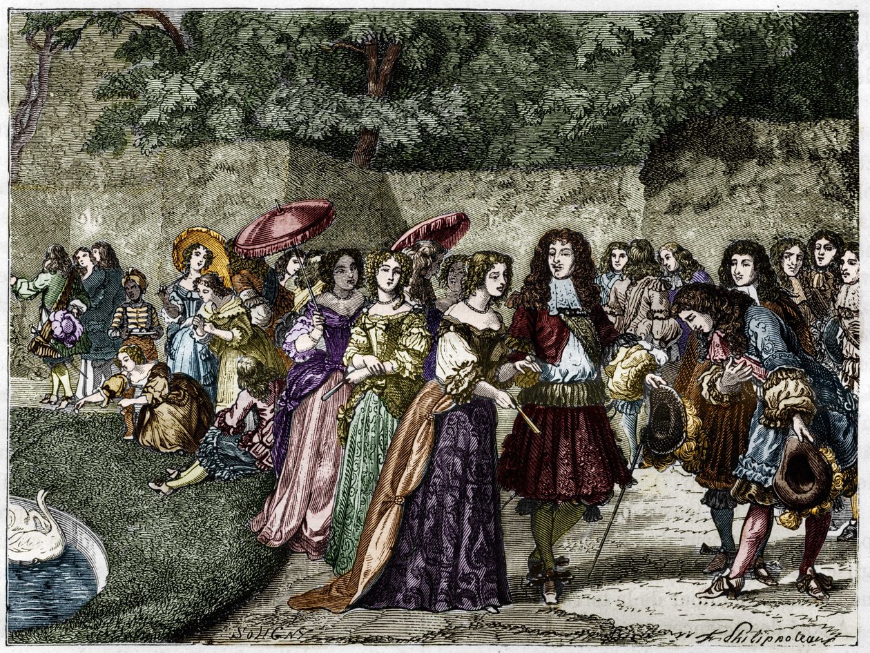 Král Slunce (Ludvík XIV. v zahradách Versailles obklopuje jeho dvůr). Rytina 19. století. od Unknown artist