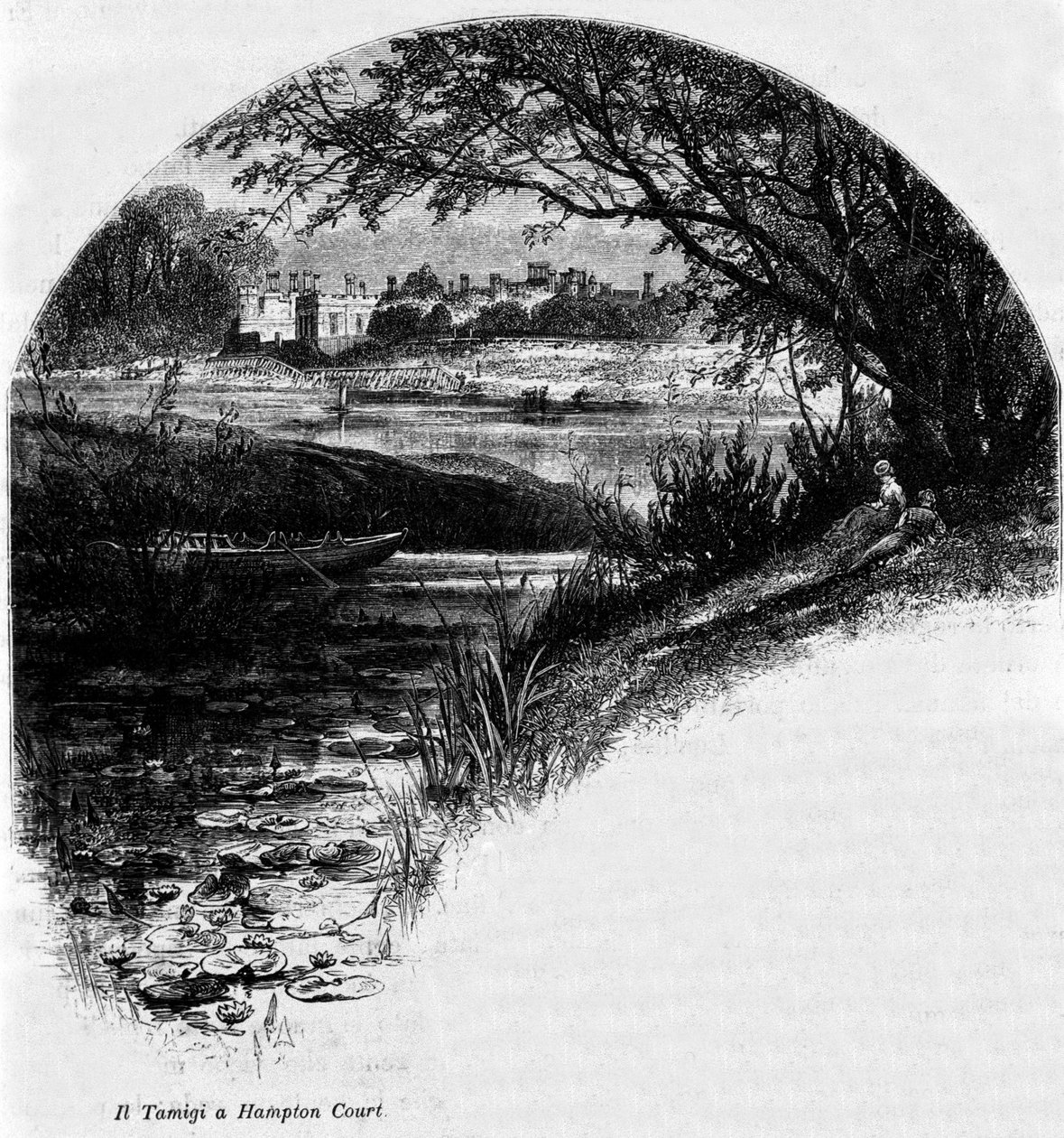 Temže v Hampton Court: Palác Hampton Court, bývalé sídlo anglického krále Jindřicha VIII. Rytina 19. století. od Unknown artist