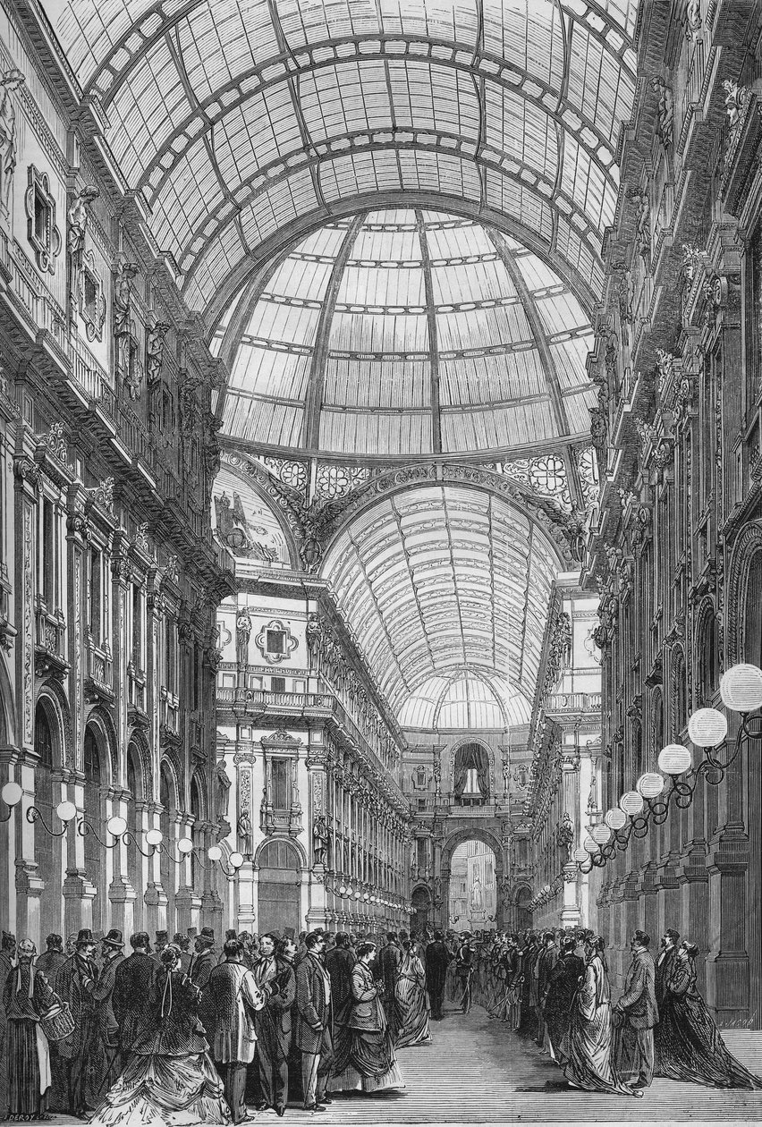 Galerie Victor Emmanuel (Victor-Emmanuel) v Miláně v roce 1867. (Galleria Vittorio Emanuele). Rytina z roku 1867. od Unknown artist