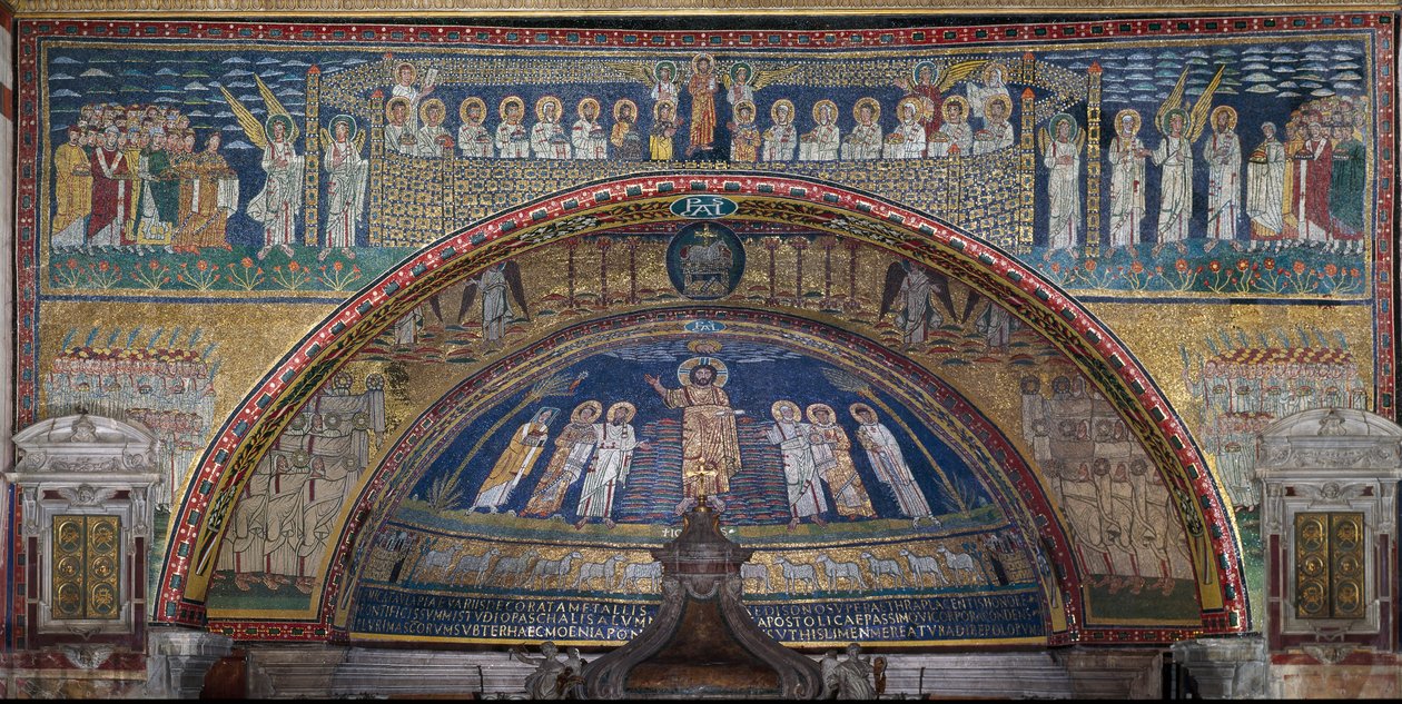 The Vision of Nebeský Jeruzalém: Vyvolené jsou vítány anděly. Dole beránek Boží. Detail. Mozaika kolem roku 830. Triumfální oblouk baziliky Santa Prassede, Řím od Unknown artist