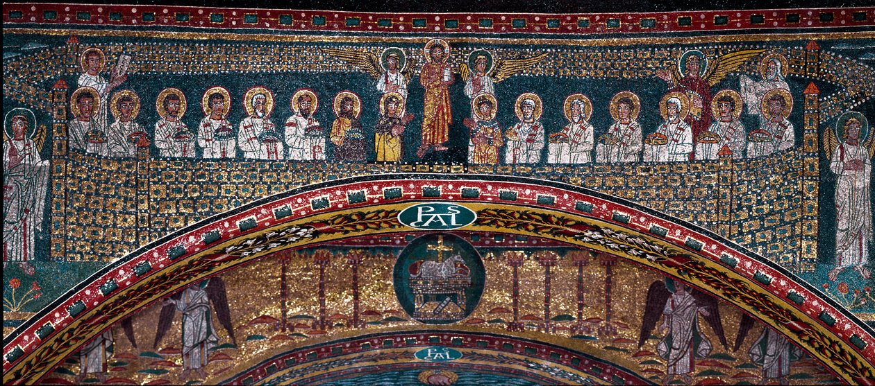 The Vision of Nebeský Jeruzalém: Vyvolené jsou vítány anděly. Dole beránek Boží. Detail. Mozaika kolem roku 830. Triumfální oblouk baziliky Santa Prassede, Řím od Unknown artist
