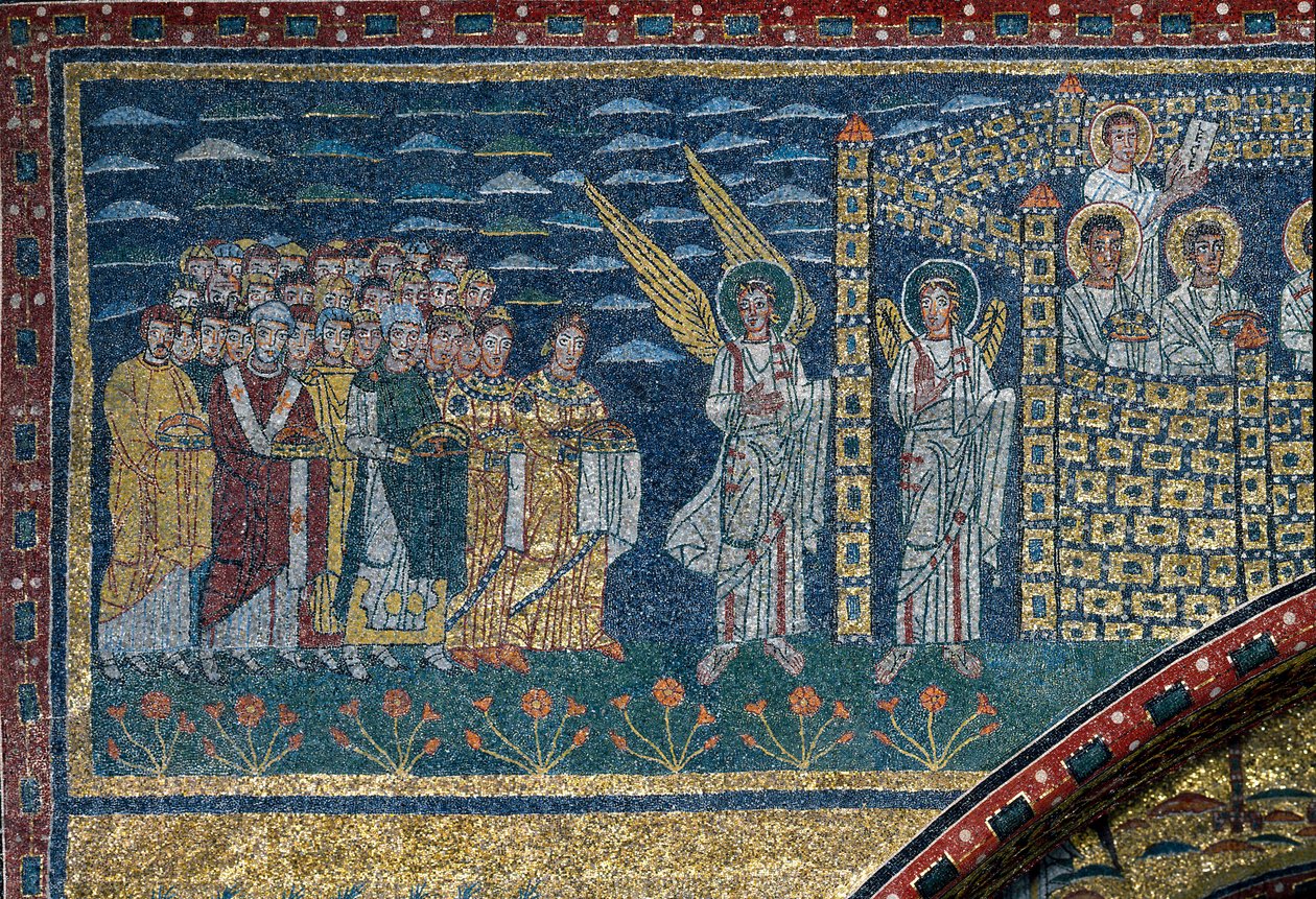 The Vision of Nebeský Jeruzalém: Vyvolený pohyb směrem k městu střeženému anděly. Detail. Mozaika kolem roku 830. Triumfální oblouk baziliky Santa Prassede, Řím od Unknown artist