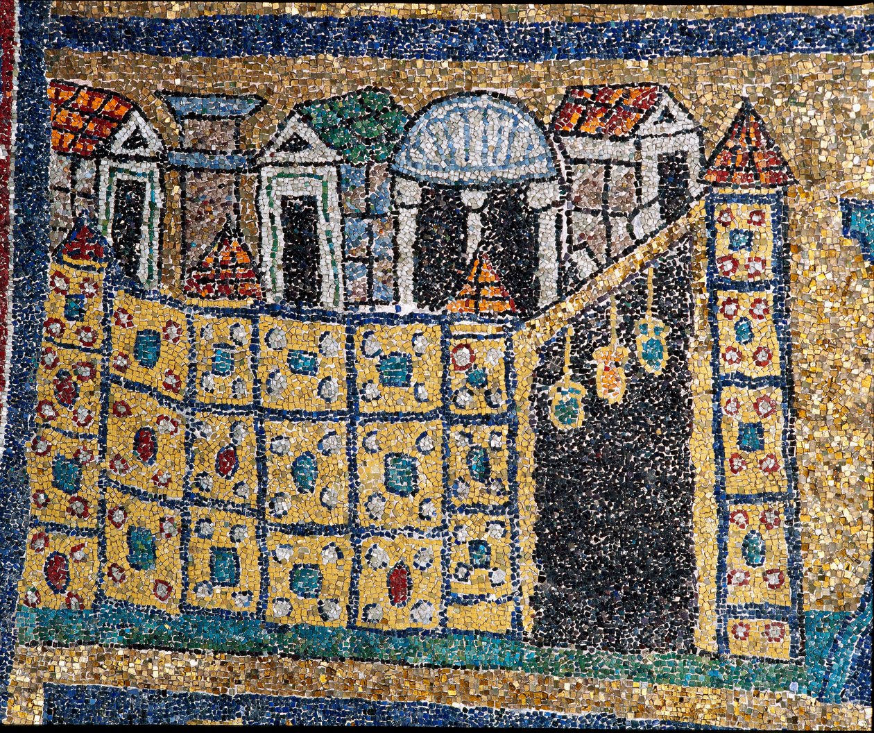 Vize nebeského Jeruzaléma: detail Jeruzaléma znázorněný v opevněné citaci. Mozaika kolem roku 830. Triumfální oblouk baziliky Santa Prassede, Řím od Unknown artist