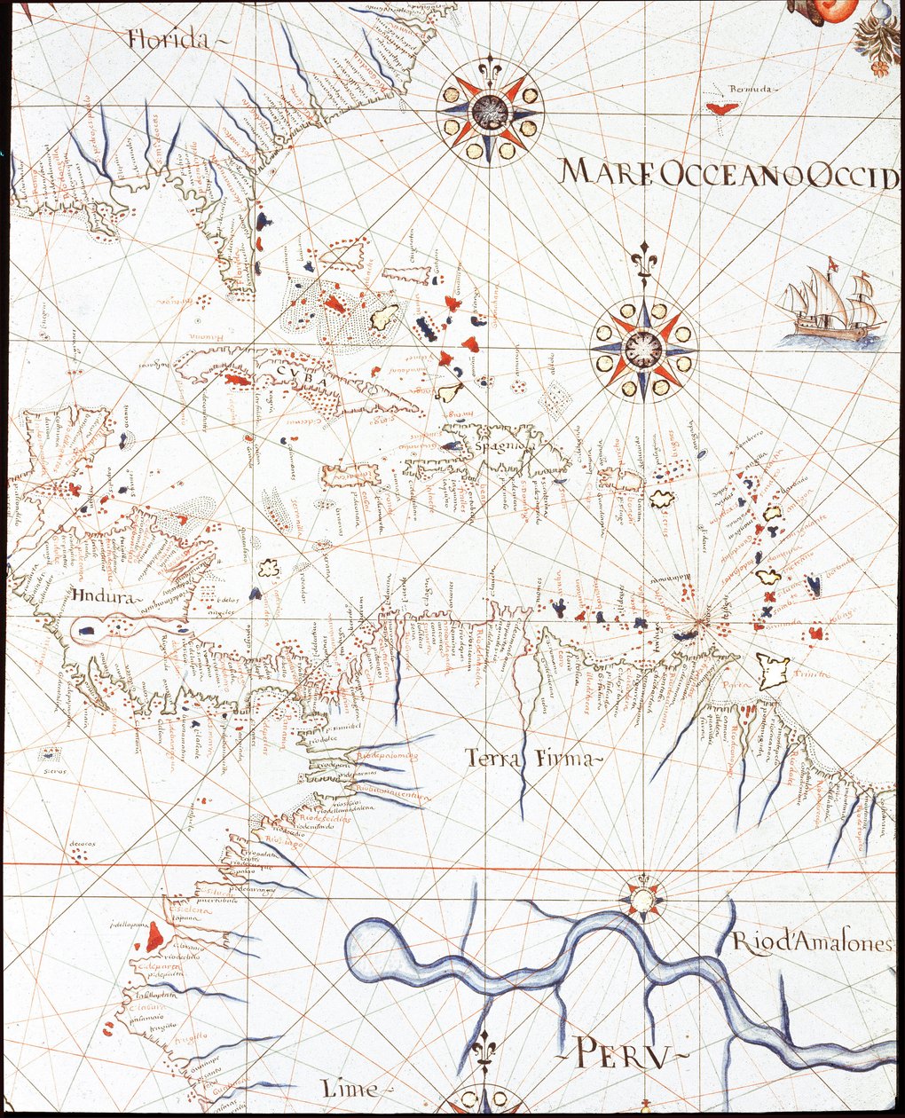 Západní Indie: Florida, Honduras, Kuba, Peru a Karibik (Detail Portulan de Castellini od Unknown artist