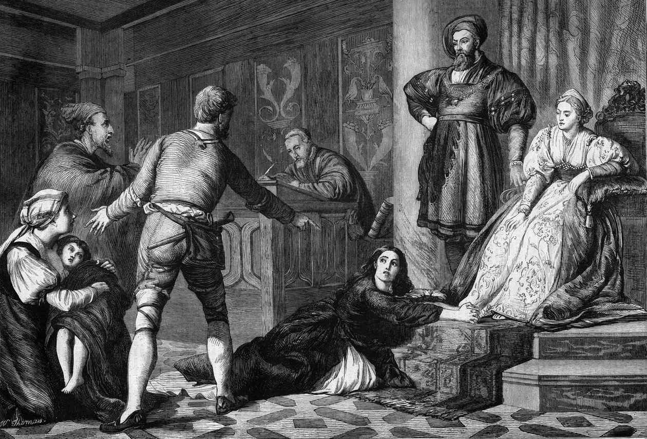Obviněný Žid. Heresie v 15. století: soudní proces s židovskou ženou obviněnou z čarodějnictví na nemocném dítěti. Rytina podle Hodgsonova obrazu Rytina v „The Illustrious Universe““ od Unknown artist