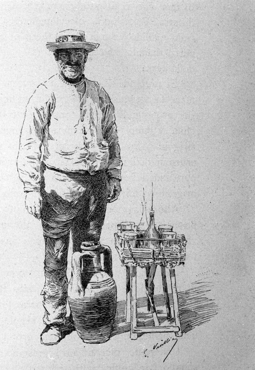 Acquaiolo: nosič vody na Sicílii, chodil od domu k domu, aby rozdával vodu obyvatelům. Rytina 19. století od Unknown artist