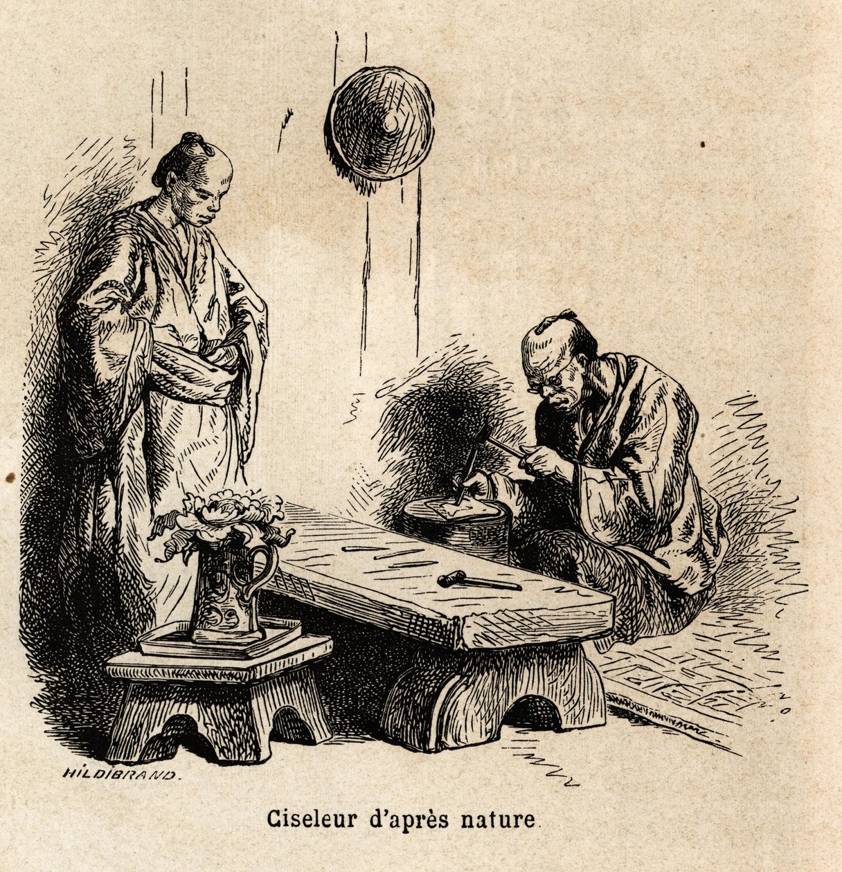 Sekáč po přírodě. Rytina k ilustraci plavby do Japonska v letech 1863-1864 od Aime Humberta, ministra Švýcarské konfederace, v „Le tour du monde, nouveau journal des voyages“, vydaném pod vedením Edouarda Chartona od Unknown artist