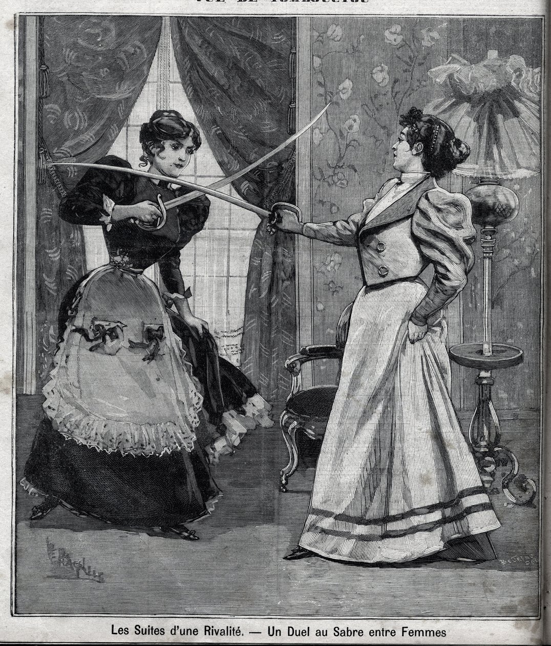 Následky rivality: souboj s mečem mezi ženami. Gravírování v „“Le Parisien““ od Unknown artist