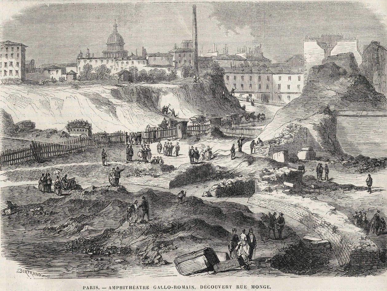 Amfiteatista Gallo Romain objevil v Rue Monge v Paříži v roce 1870, dnes Arenes de Lutèce. Rytina 19. století. od Unknown artist
