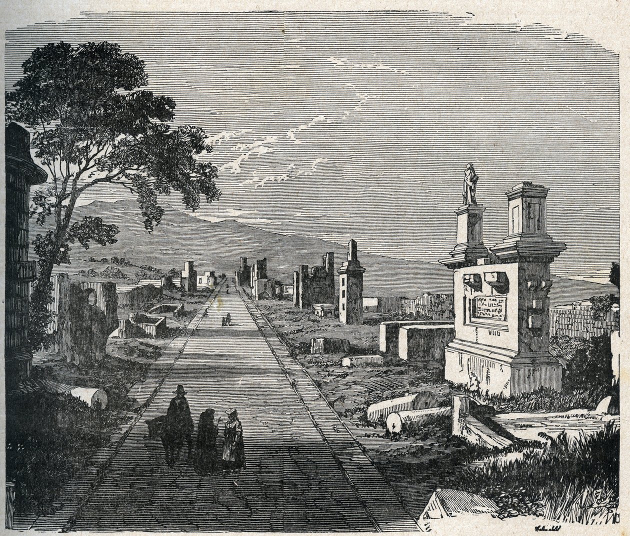 Starověká cesta Appian, via appia překračující pontinské bažiny (Agro pontino) poblíž Říma. Rytina 19. století. od Unknown artist