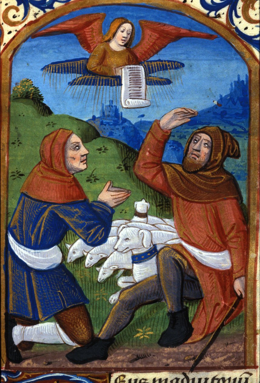 Anděl zvěstuje pastýřům narození Ježíše. Rukopis 15. století. Biblioteca Nazionale Braidense, Milán od Unknown artist
