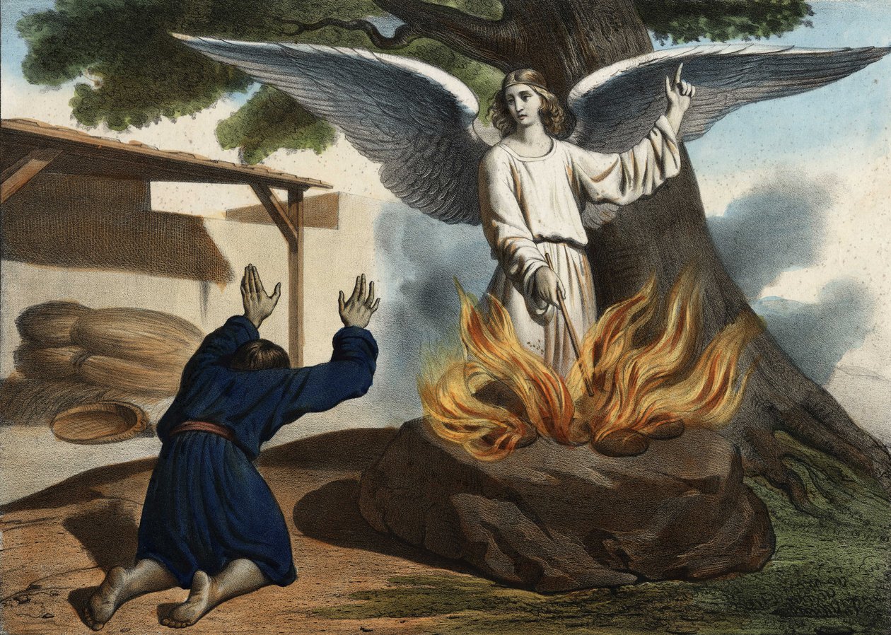 Anděl zjevující se v Gedeonu (Gideon), aby osvobodil lid Izraele z okupace Madianity. Anonymní rytina z poloviny 19. století. od Unknown artist