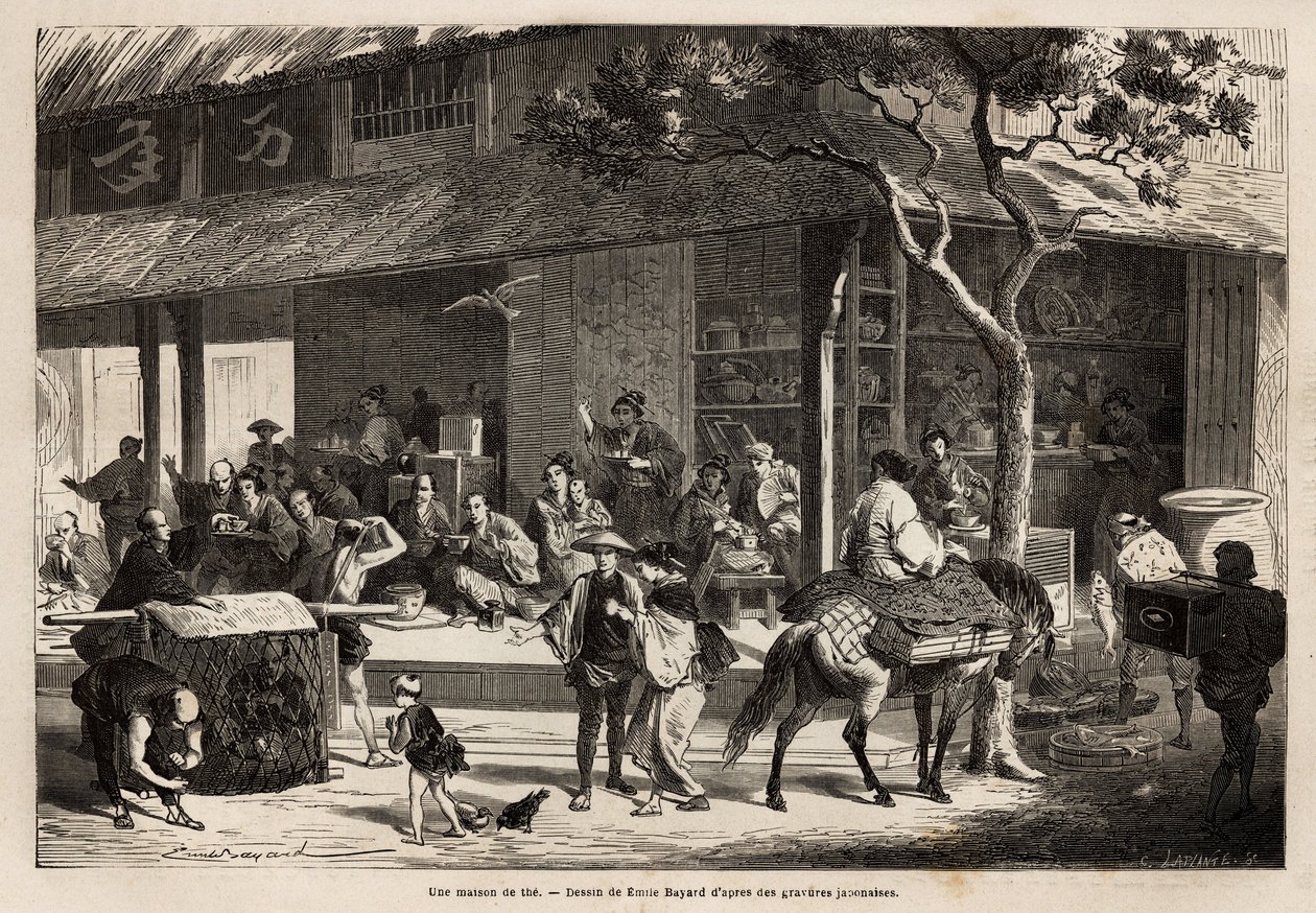 Animace domu a aktivity na ulici. Rytina pro ilustraci plavby do Japonska v letech 1863-1864 od Aime Humberta, ministra Švýcarské konfederace, v „“Le tour du monde, nouveau journal des voyages““ vydaném pod vedením od Unknown artist