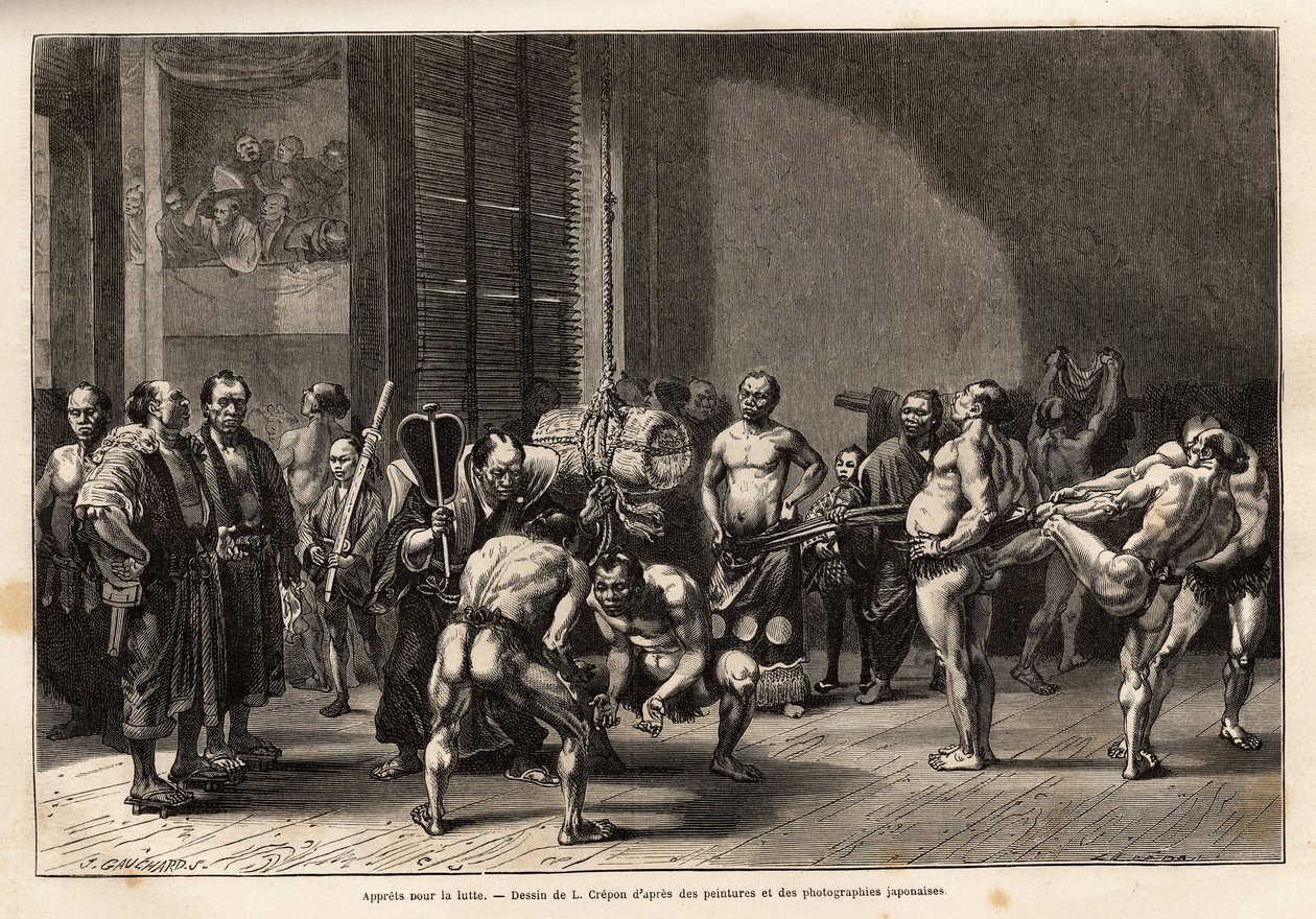 Učenci pro zápas sumo se před bojem zahřejí, protáhnou, upraví a soustředí. Rytina pro ilustraci cesty do Japonska od Aime Humberta, ministra Švýcarské konfederace, v letech 1863-1864, publikovaná v „“ le tour du monde““, od Unknown artist