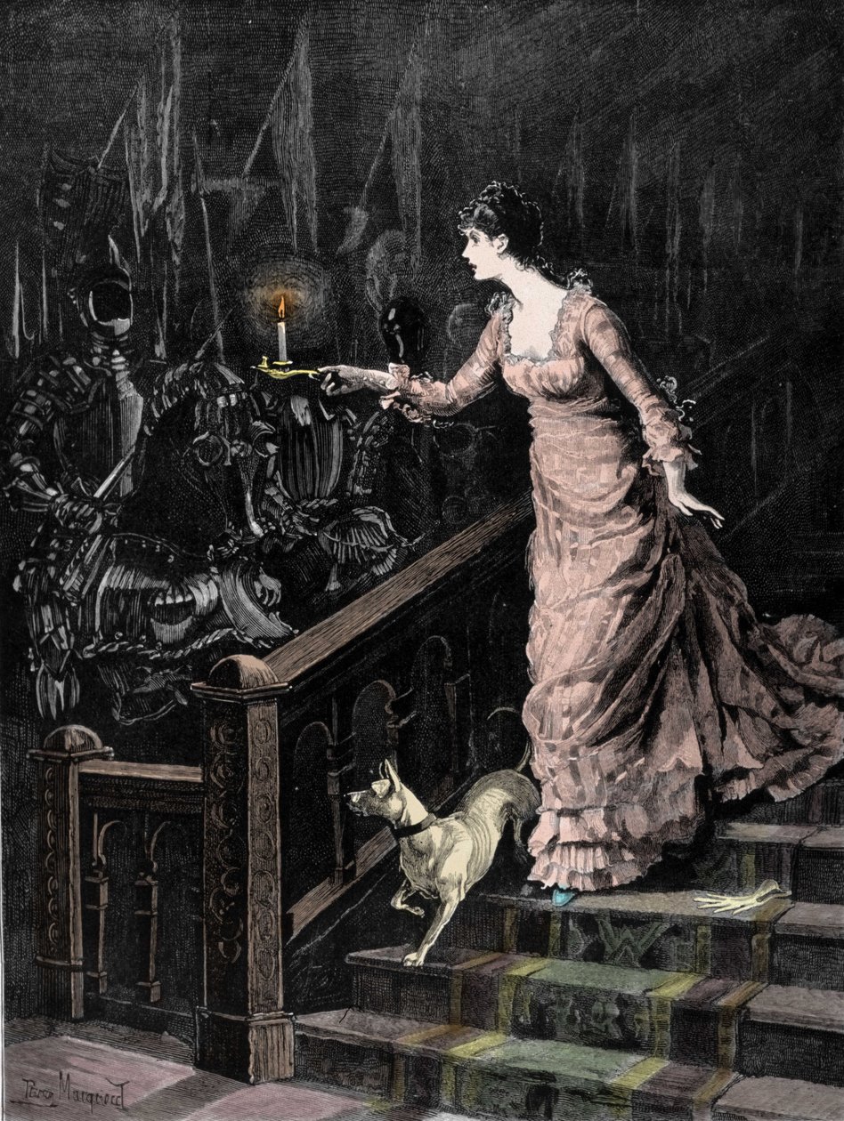 Ve zbrojnici strašilo: mladá žena sestupuje ze schodů a nasměruje svíčku, kterou drží v ruce, na sadu brnění. Ilustrace konce 19. století od Unknown artist
