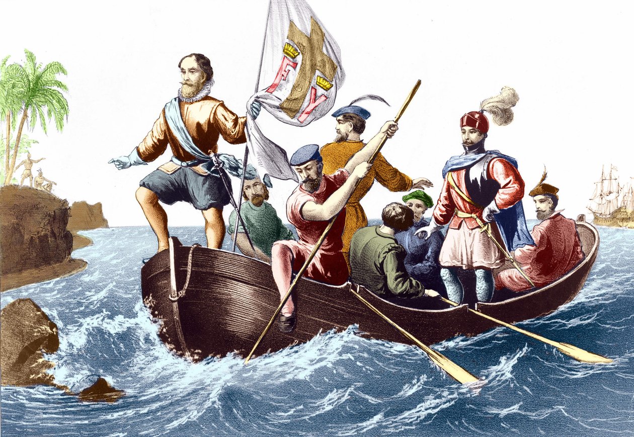 Příjezd Kryštofa Kolumba do San Salvadoru 10.12.1492. Rytina v. 1876. od Unknown artist
