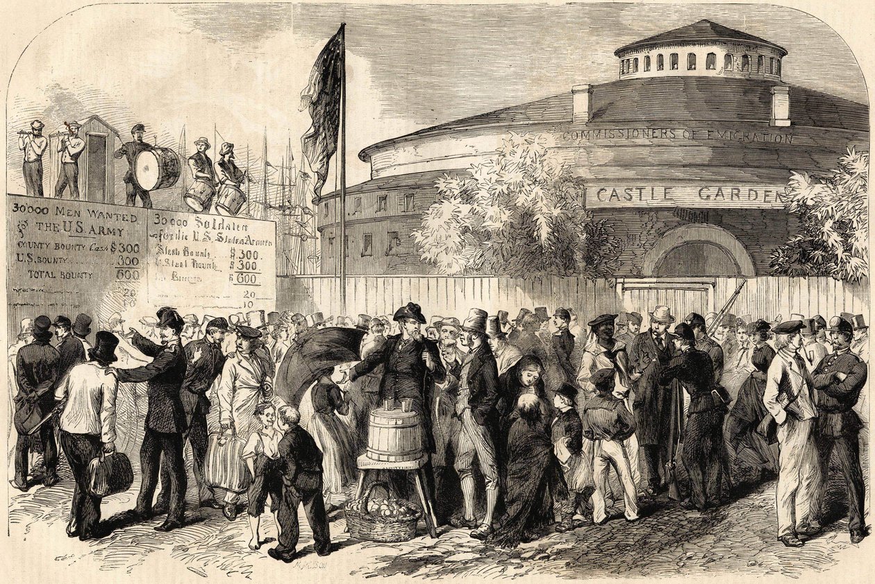 Příchod emigrantů do New Yorku v dubnu 1865. Kresba pana Shanlyho. 19. století rytina. od Unknown artist