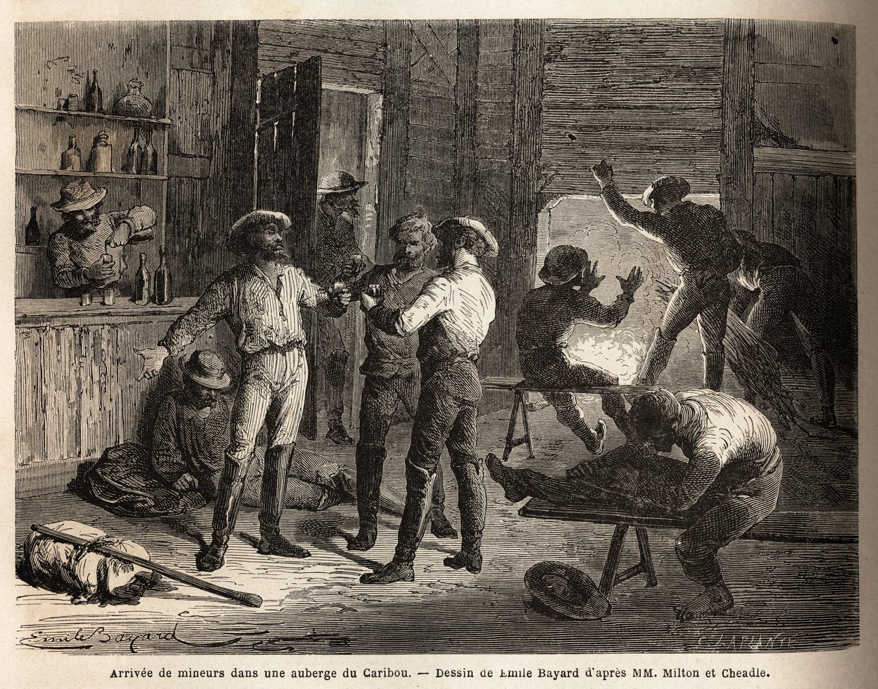Příjezd horníků do hostince Caribou (Kanada), scény relaxace a shledání u skleničky. Rytina k ilustraci plavby z Atlantiku do Pacifiku (route du nord ouest par les terres) v letech 1862-1864 od vikomta Miltona a doktora Cheadle, i. od Unknown artist