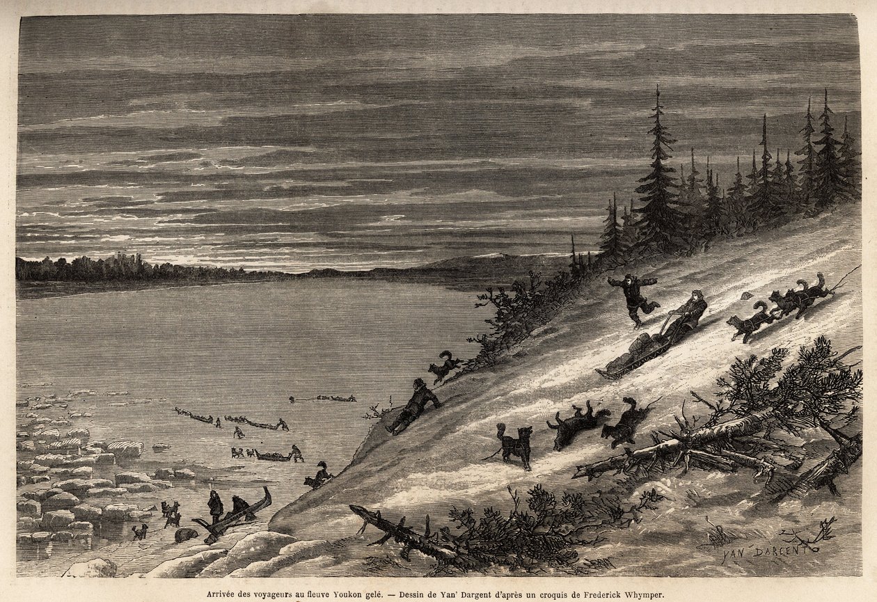 Úplně zamrzí příjezd cestujících na psím spřežení k řece Yukon (extrémní severní Kanada). Rytina pro ilustraci plavby a dobrodružství v anglické Kolumbii, na ostrově Vancouver a na Aljašce, Frederick Whymper od Unknown artist