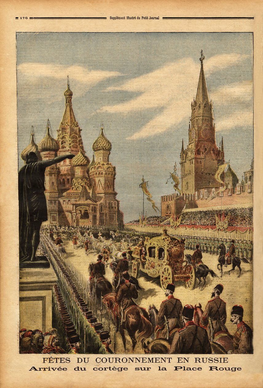 Příjezd průvodu na Rudé náměstí (Moskva), u příležitosti korunovace cara Mikuláše II. (1868-1918). Rytina v „“ Le petit journal““ 31/05/1896. Selva sbírka. od Unknown artist